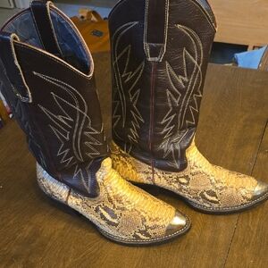 Vintage Custom Snakeskin Brown and Tan Cowboy Boots